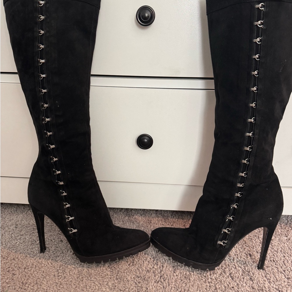Authentic  Versace Black Heeled Boots with Silver Accents